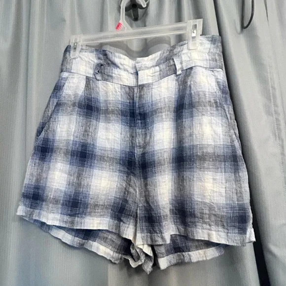 REFORMATION Rossi paper bag Shorts Blue Plaid 100% Linen not original belt - Picture 6 of 16